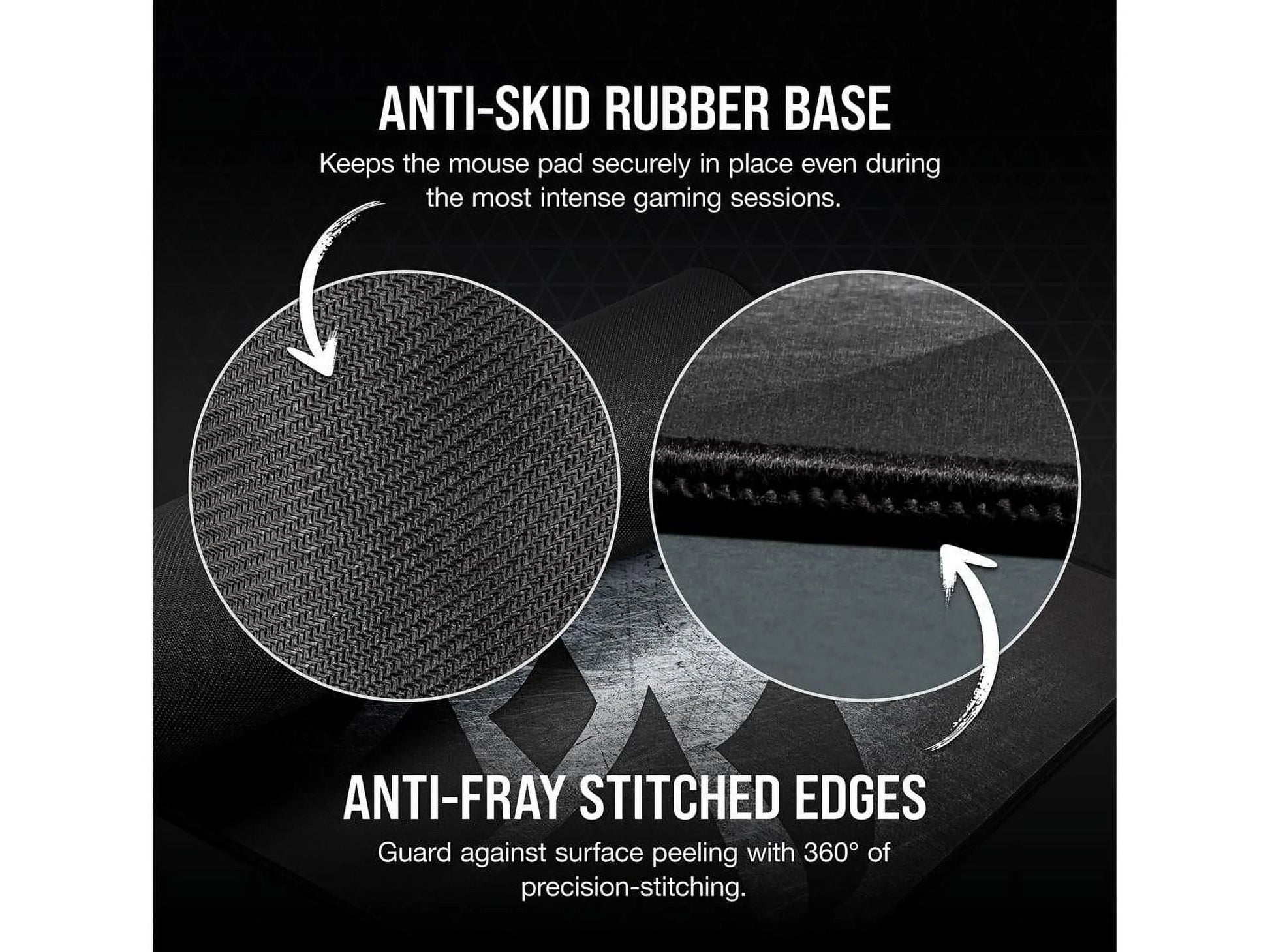 Close-up of a gaming mouse pad showing anti-skid rubber base texture and anti-fray stitched edges for durability
