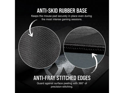 Close-up of a gaming mouse pad showing anti-skid rubber base texture and anti-fray stitched edges for durability