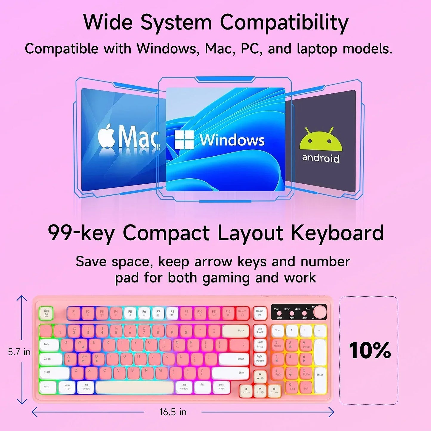99-key compact RGB gaming keyboard with pastel keys, compatible with Windows, Mac, PC, Android.