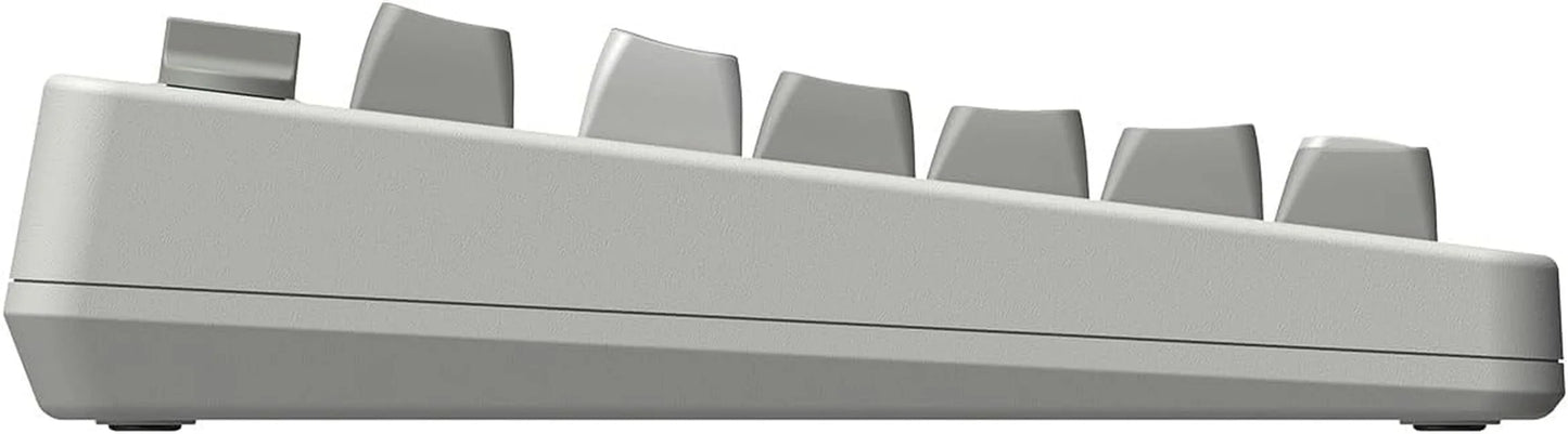 Side profile of a gray mechanical gaming keyboard with angled keycaps