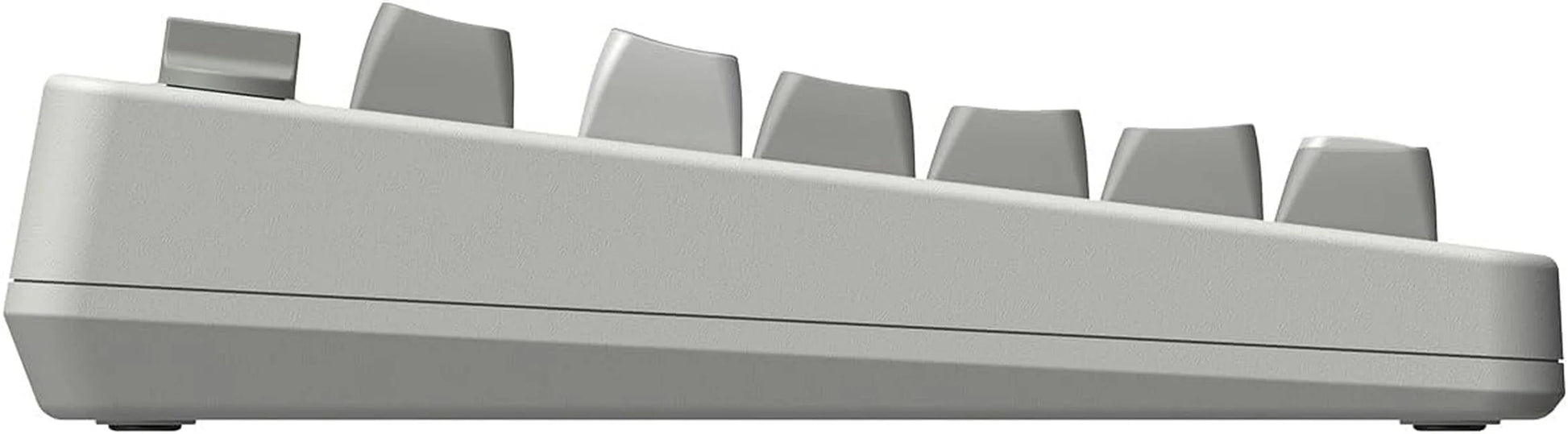 Side profile of a gray mechanical gaming keyboard with angled keycaps