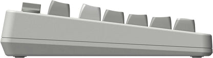 Side profile of a gray mechanical gaming keyboard with angled keycaps