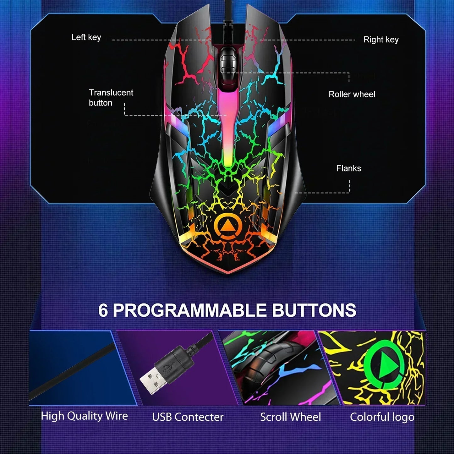 RGB Gaming Mouse, Wired USB Computer Mice, PC Gaming Mice, Ergonomic Optical Mice with 4 Adjustable DPI, RGB Backlit LED for Desktop, Laptop, Windows, Mac, Vista, Linux, Gamer, Black