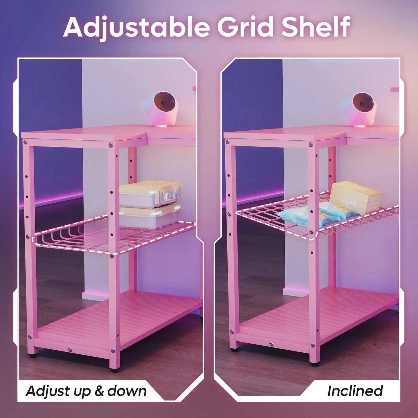 63" Gaming Desk with LED Lights, U-Shaped Computer Desk with Outlets & Monitor Stand, Home Office Desk with Storage Shelves in Pink