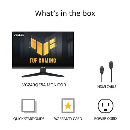 ASUS TUF Gaming VG249QE5A monitor with HDMI cable, power cord, quick start guide, and warranty card