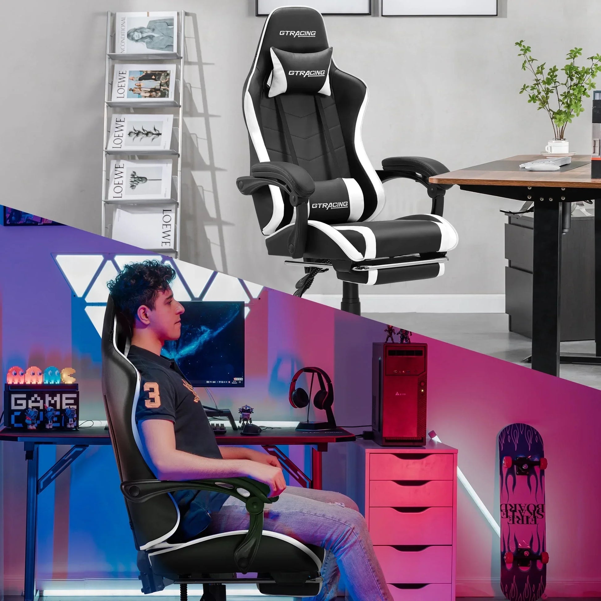 Black and white GT Racing ergonomic gaming chair in office and gaming room setups with desk and monitor