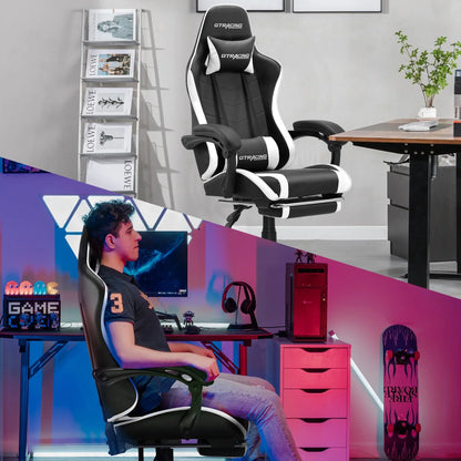Black and white GT Racing ergonomic gaming chair in office and gaming room setups with desk and monitor