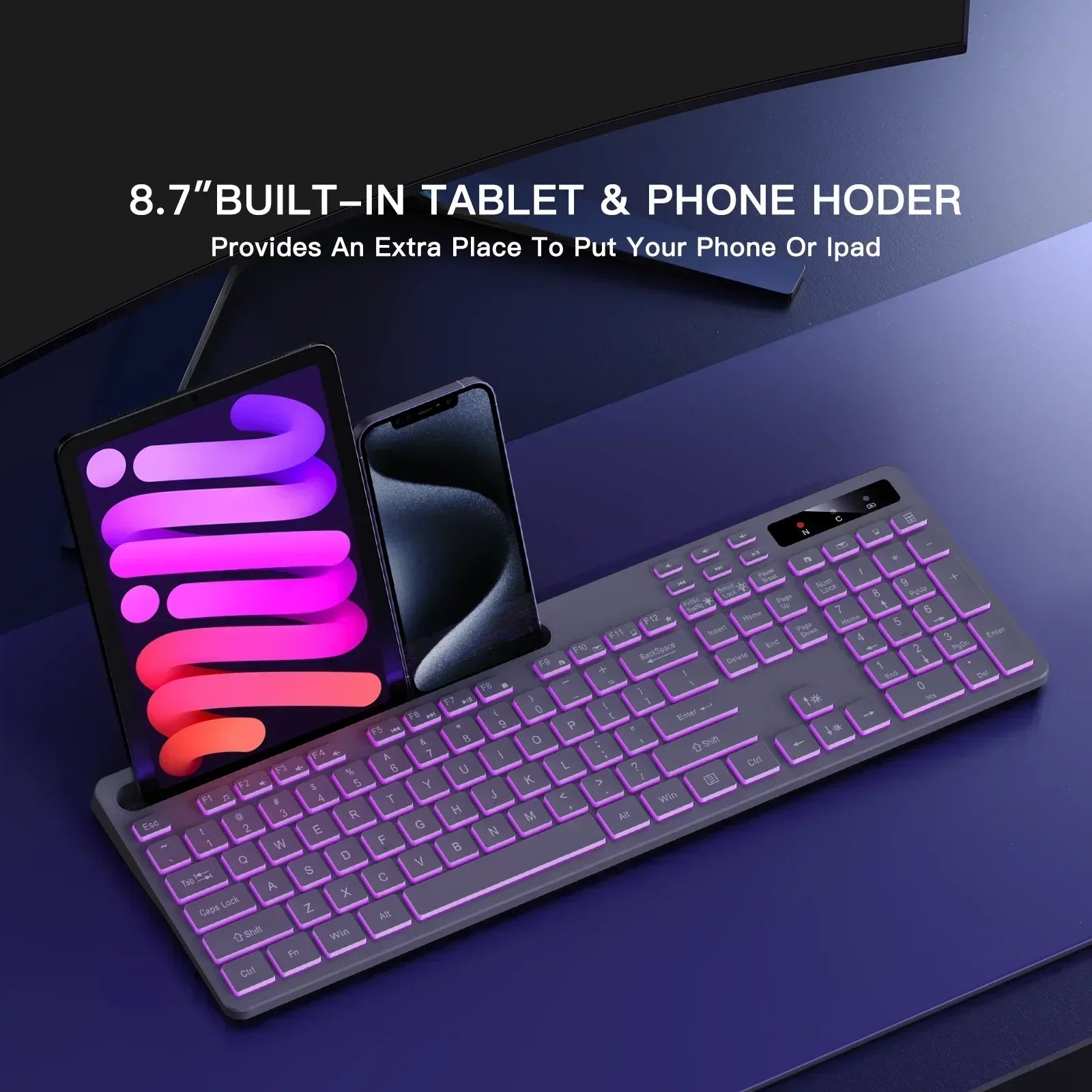 Wireless Keyboard with 7-Color RGB Backlit,  Full-Size Computer Keyboard with Phone Tablet Holder, Rechargeable 2.4G Wireless Gaming Keyboard with Light up Keys, Compatible with Mac,Window,Gray