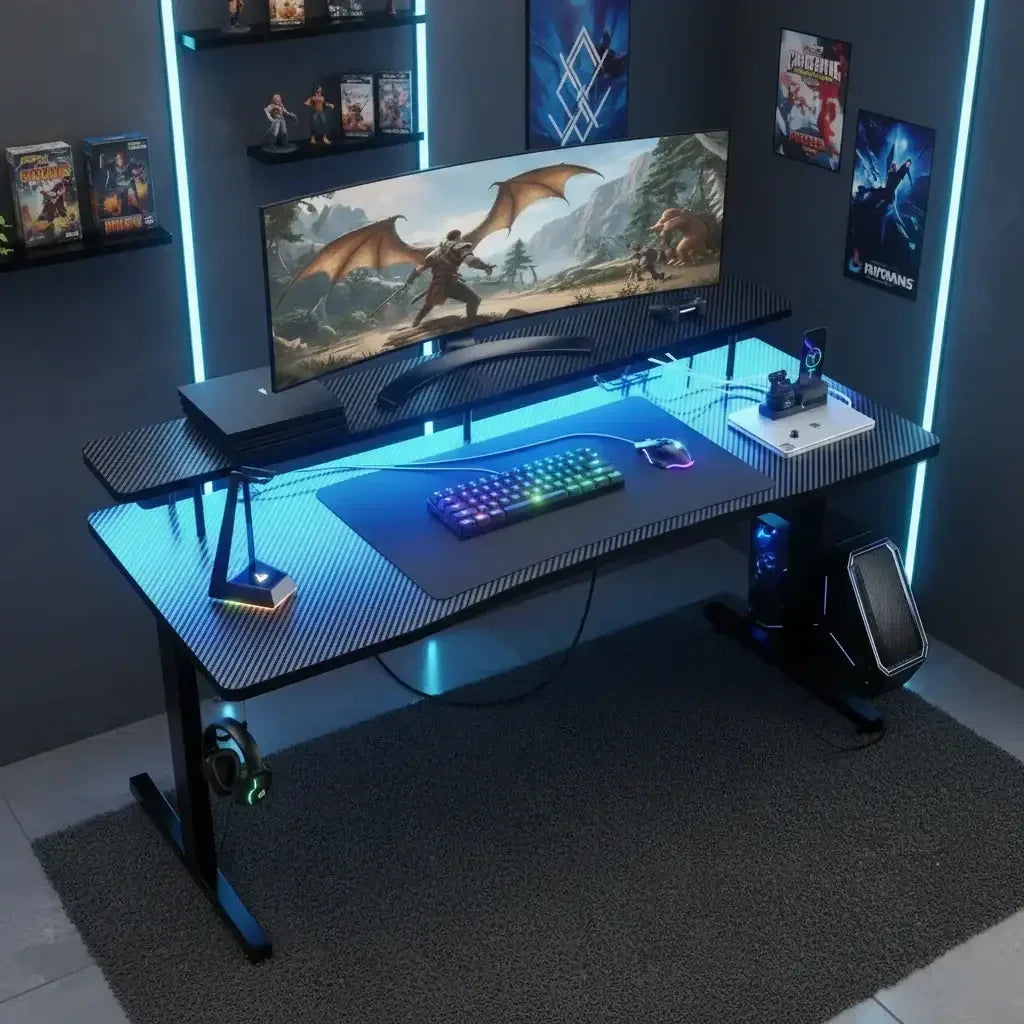 Gaming desk setup with curved monitor displaying fantasy game, RGB keyboard, mouse, PC tower, and LED lighting