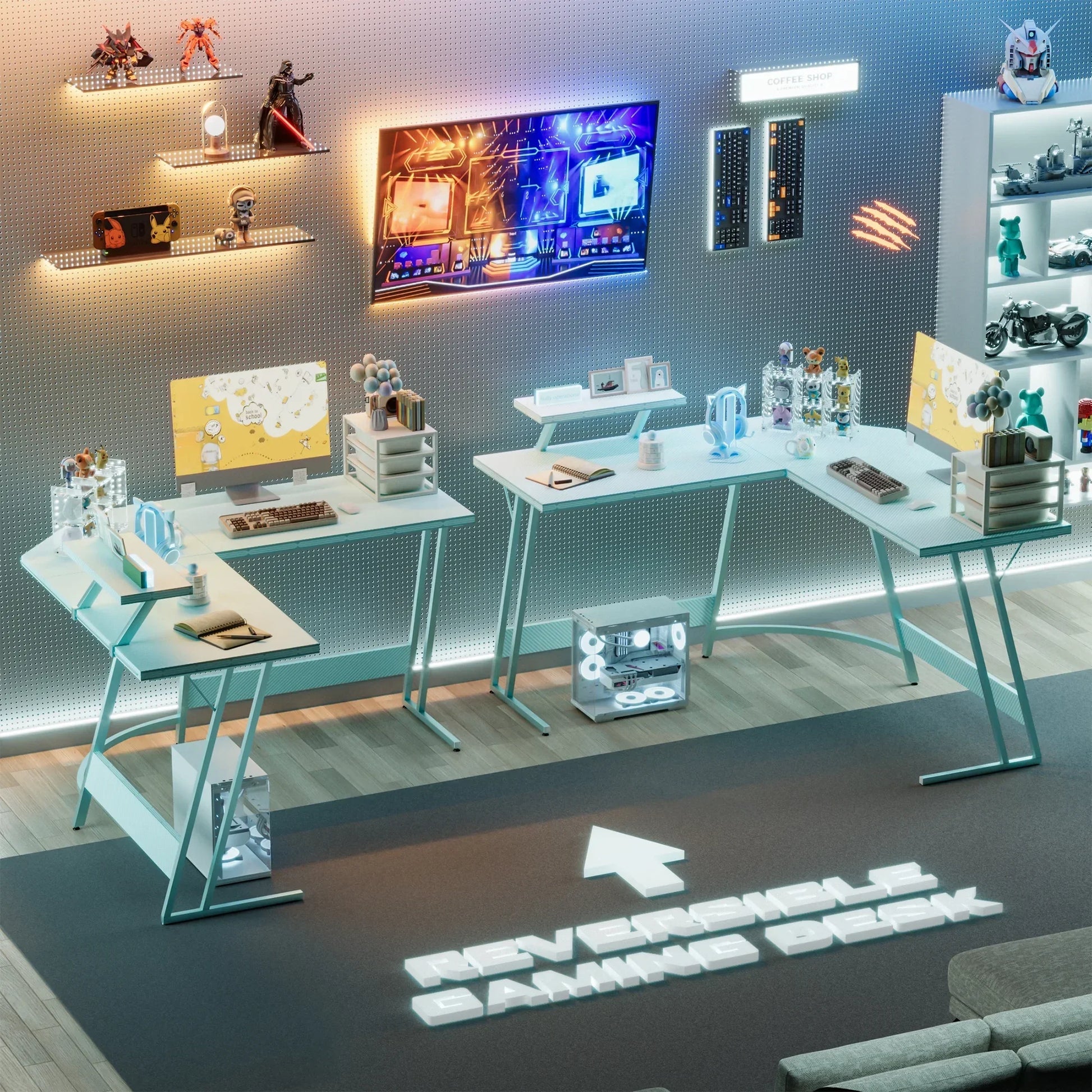 Modern reversible gaming desk setup with dual monitors, mechanical keyboards, and stylish collectibles in a hi-tech room