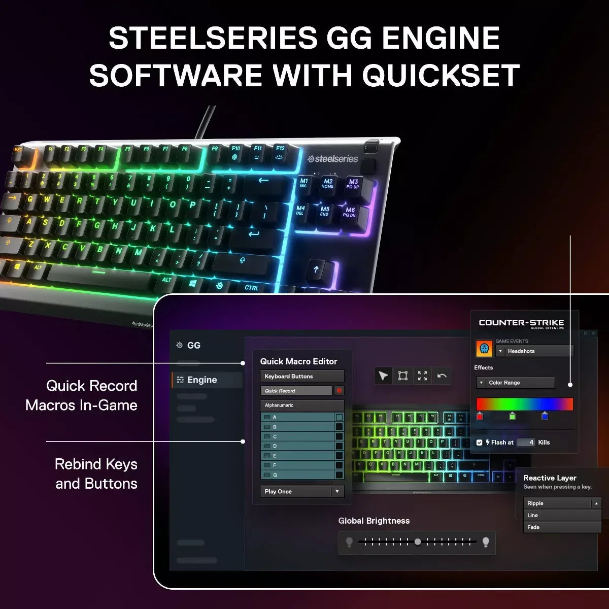 SteelSeries RGB gaming keyboard with SteelSeries GG Engine software showing macro editor and key rebinding for Counter-Strike