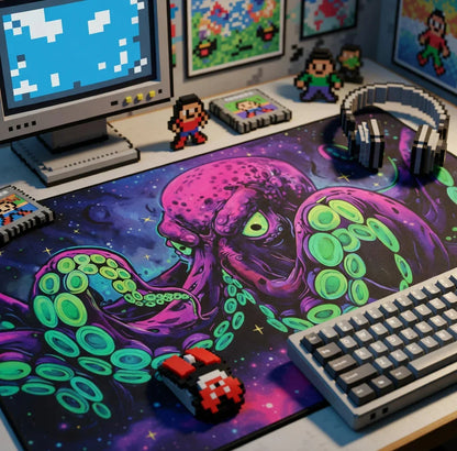 Retro gaming desk setup with 8-bit monitor, pixel art decor, and octopus desk mat