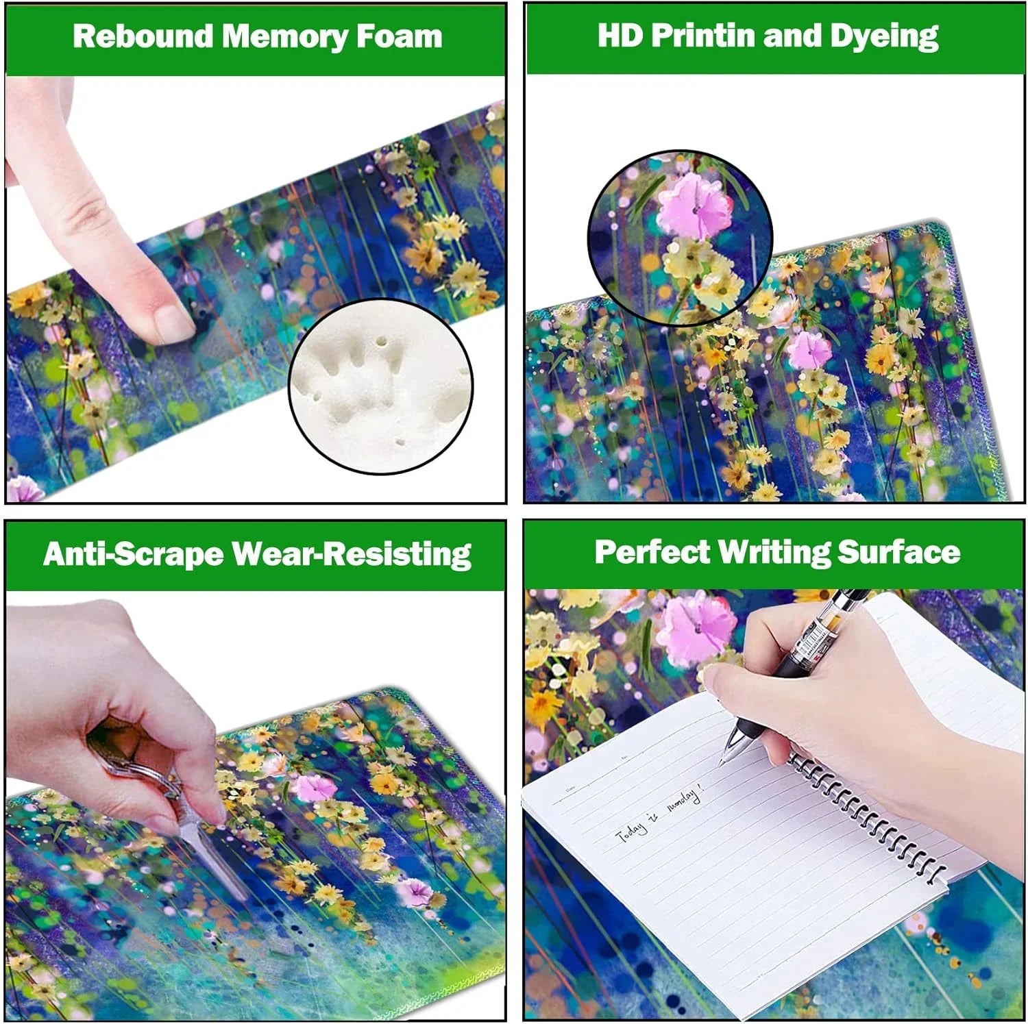 Colorful floral gaming mouse pad with rebound memory foam, HD printing, wear-resistant surface, and smooth writing area