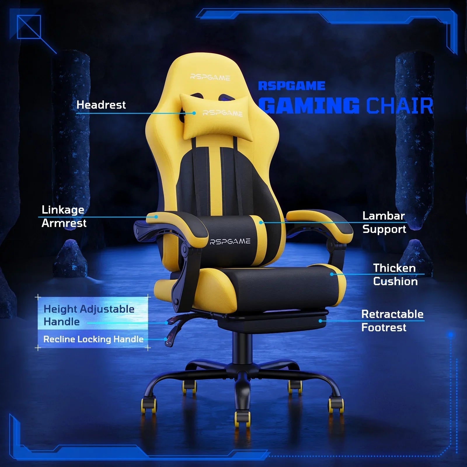 Yellow and black RSPGAME gaming chair with headrest, lumbar support, adjustable armrests, and retractable footrest