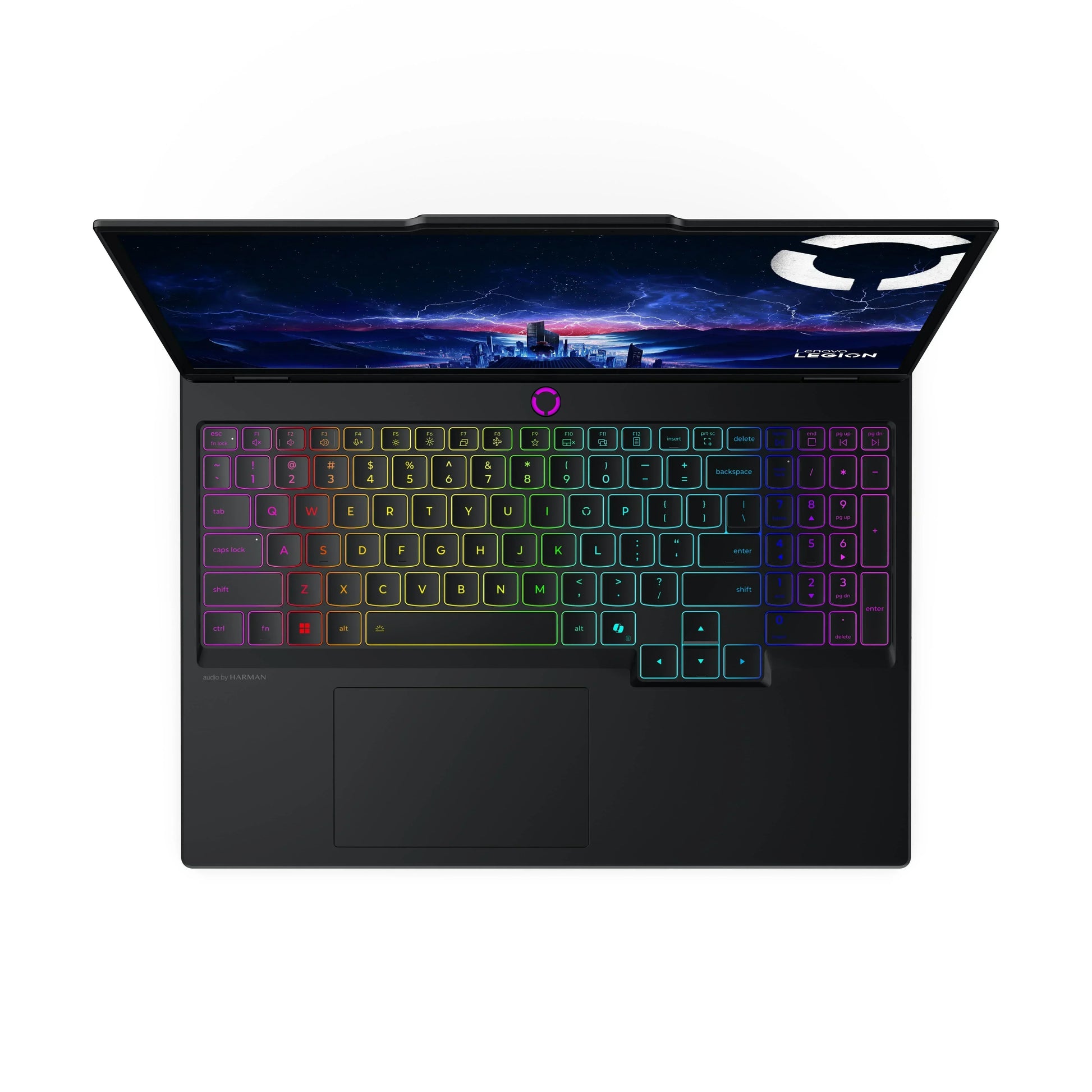 RGB backlit gaming laptop keyboard with open screen and cityscape wallpaper