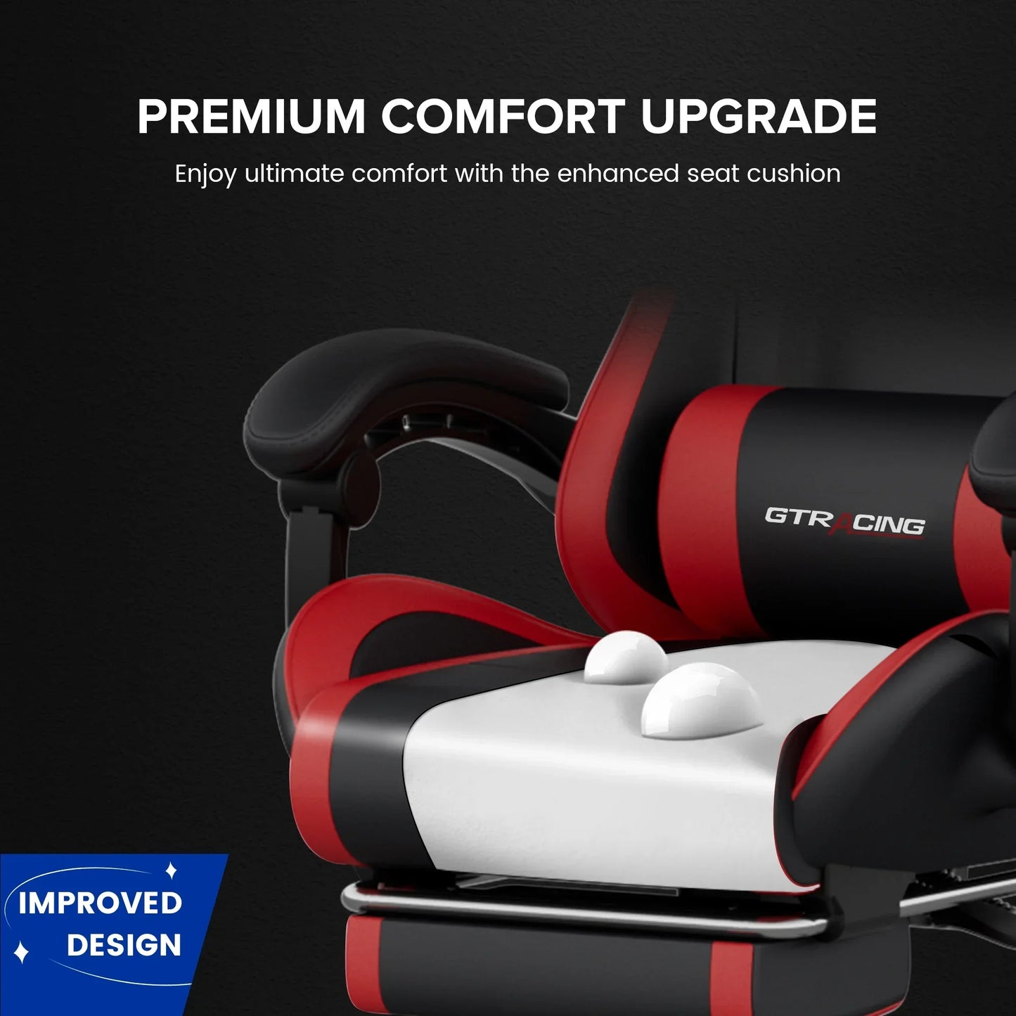 Red and black GTRACING gaming chair with premium comfort upgrade and enhanced seat cushion