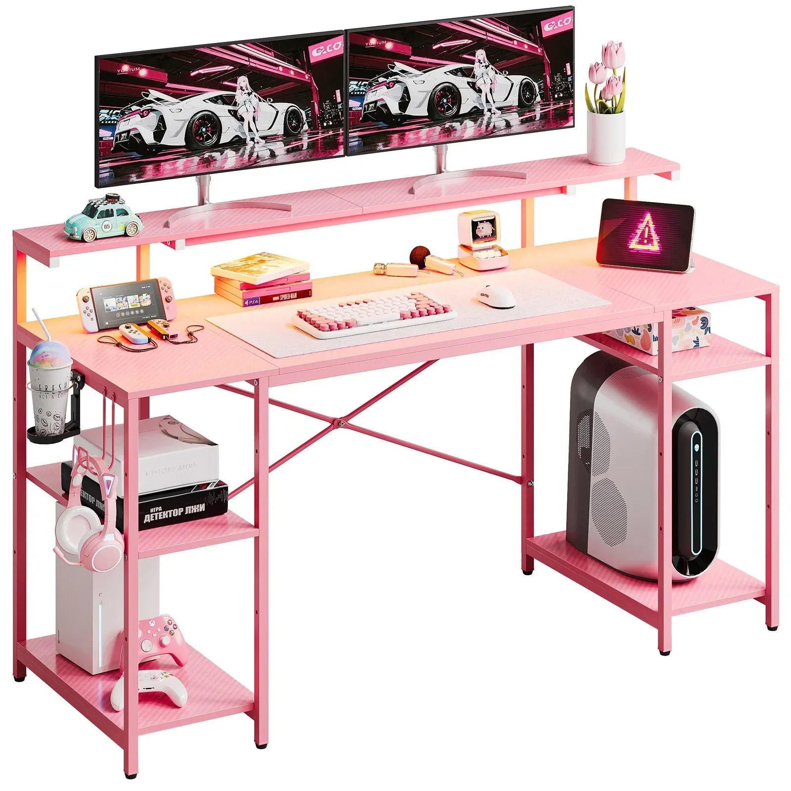 55" Pink Gaming Computer Desk with LED Light & Monitor Stand Corner Desk for Home Office, Pink Carbon Fiber