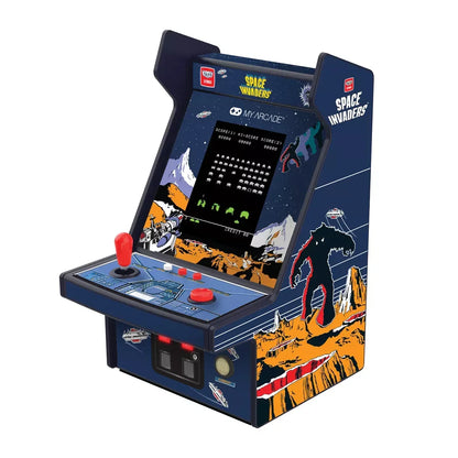 Retro Space Invaders arcade machine with joystick, pixel alien graphics, and colorful artwork.