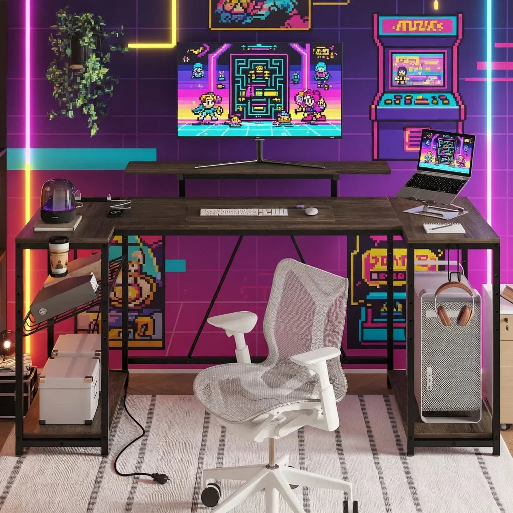 Retro gaming desk setup with PC, keyboard, headset, and neon 8-bit arcade wall art