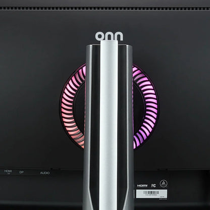 Rear view of a black gaming monitor with RGB lighting ring and HDMI, DP, audio ports