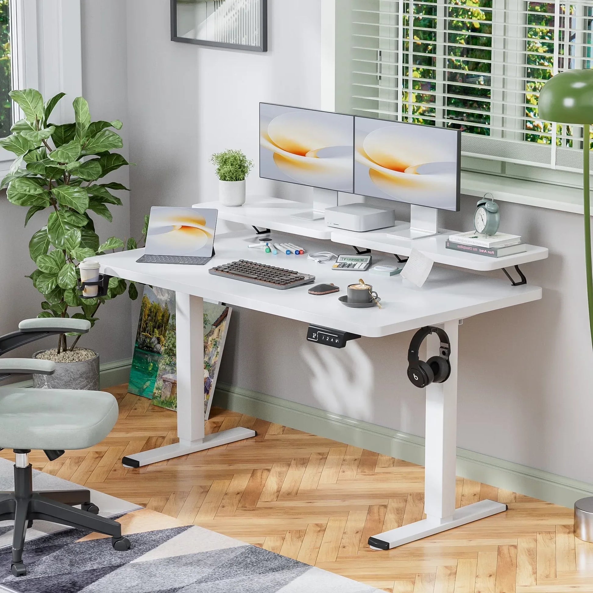 55" Wide Home Office Electric Height Adjustable Standing Desk Lifting Range 28~46" Computer Desk with Monitor Stand,Brown