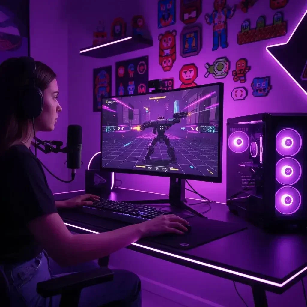 Gamer woman playing robot combat video game on PC with purple LED gaming setup and pixel art decor