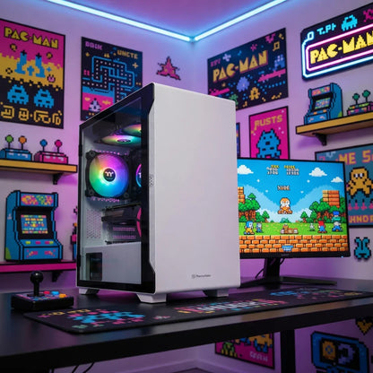 White gaming PC with RGB lighting, retro arcade decor, 8-bit game on monitor