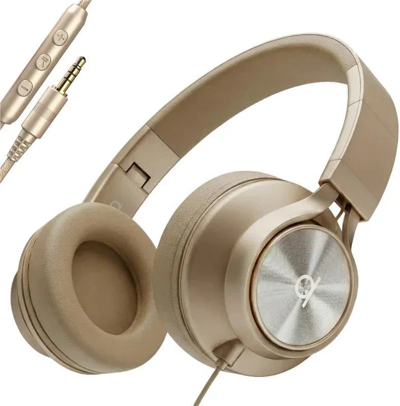 Gold over-ear wired gaming headset with padded ear cups and in-line control, 3.5mm jack
