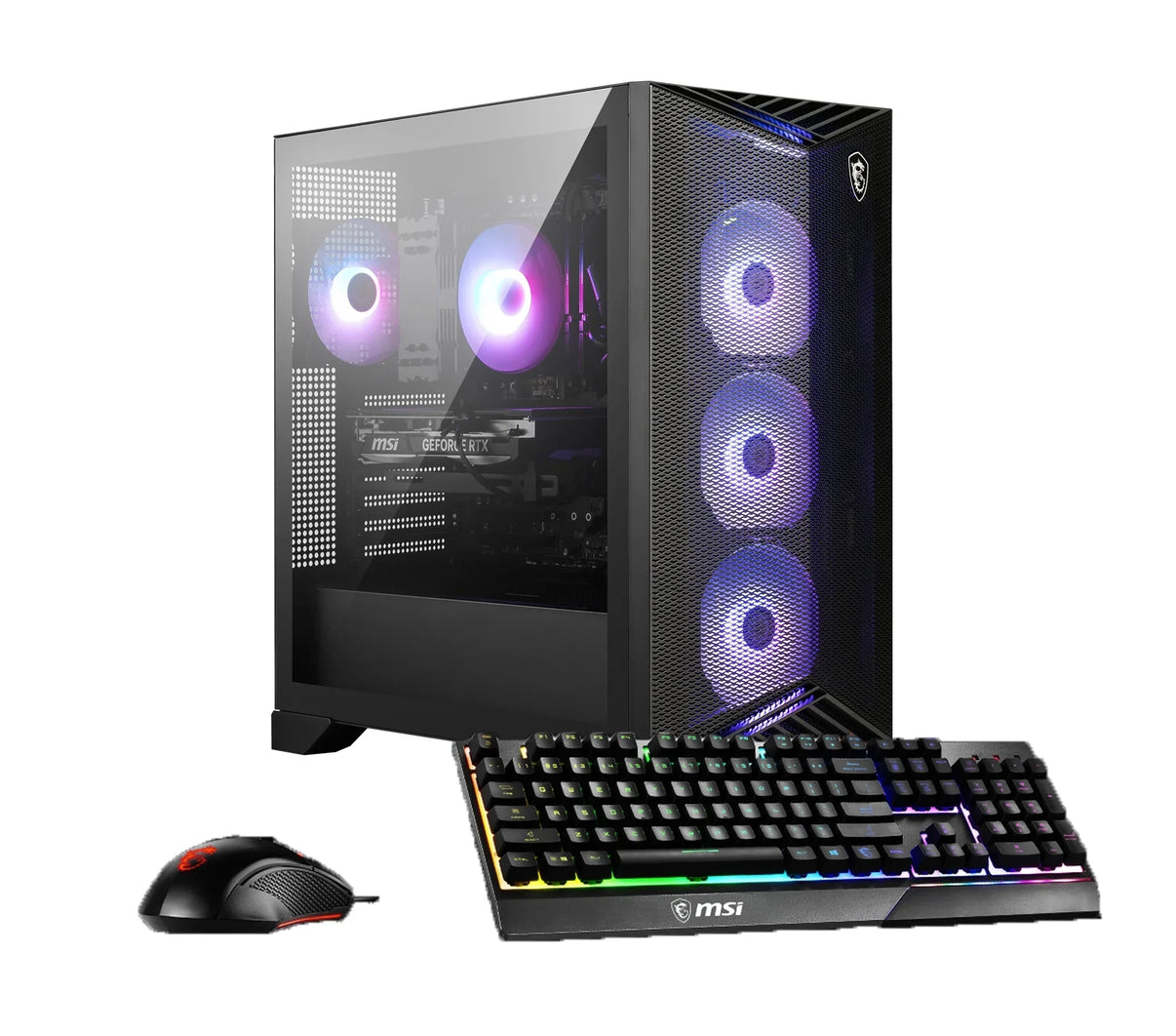MSI gaming desktop PC with RGB lit fans, MSI RGB mechanical keyboard, and MSI gaming mouse