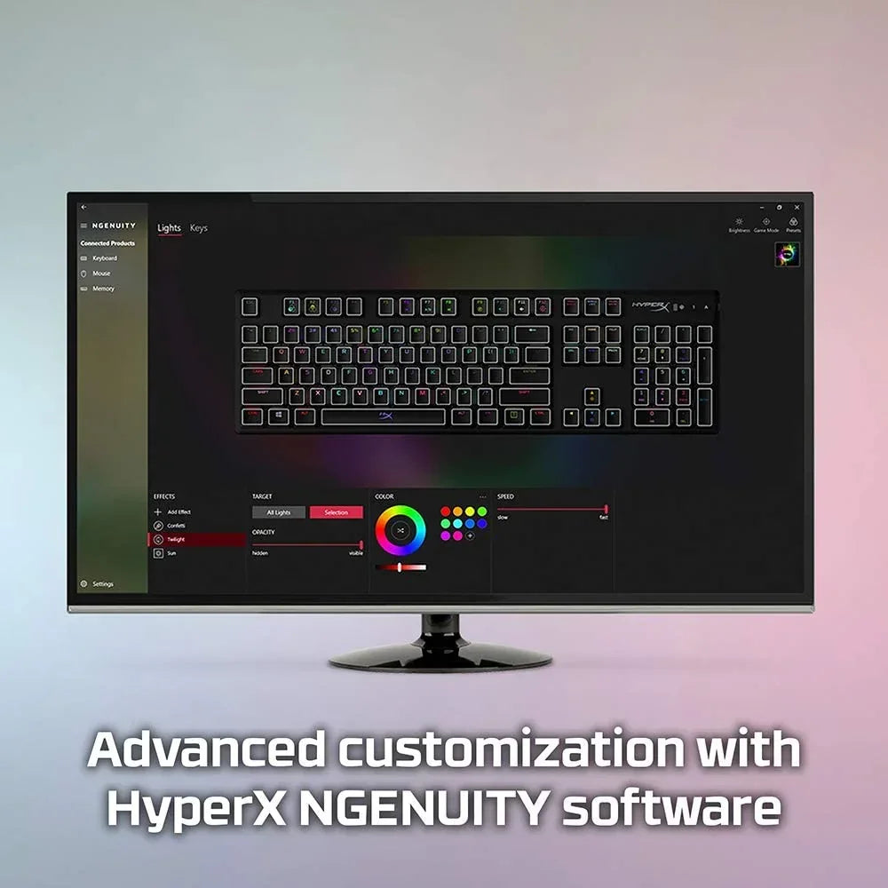 Monitor displaying HyperX NGENUITY RGB keyboard customization software