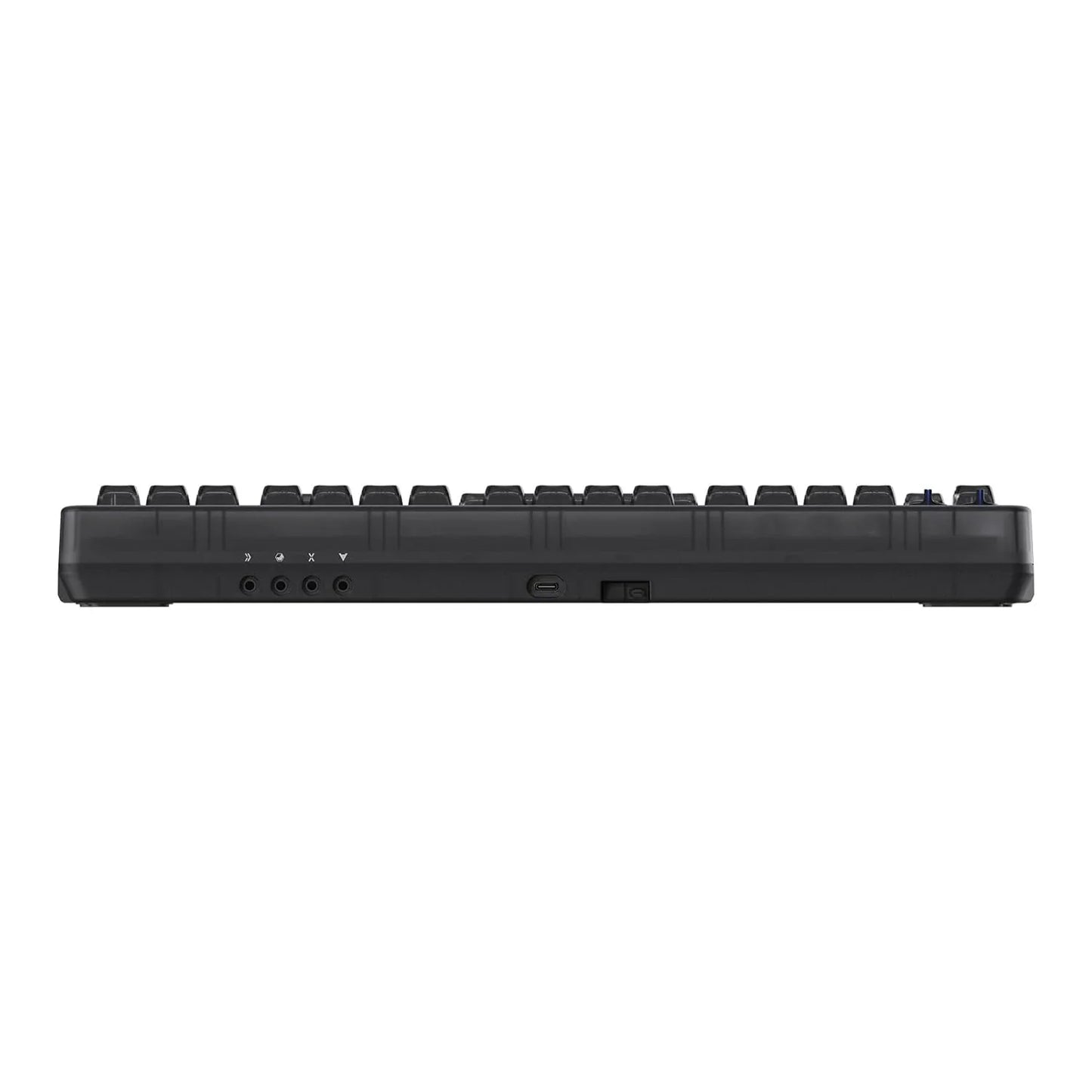 Black mechanical gaming keyboard side view with multiple ports and USB-C connection
