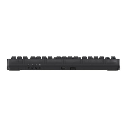 Black mechanical gaming keyboard side view with multiple ports and USB-C connection