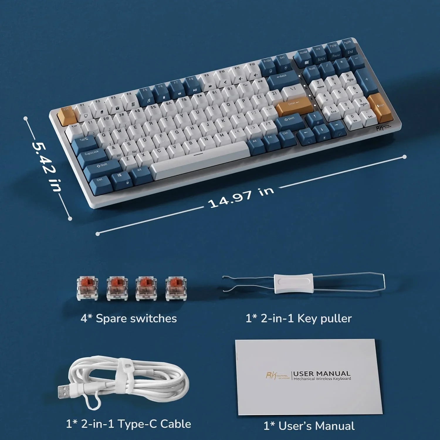 Compact mechanical keyboard with blue and white keycaps, spare switches, key puller, Type-C cable, and user manual