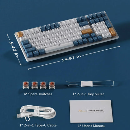 Compact mechanical keyboard with blue and white keycaps, spare switches, key puller, Type-C cable, and user manual