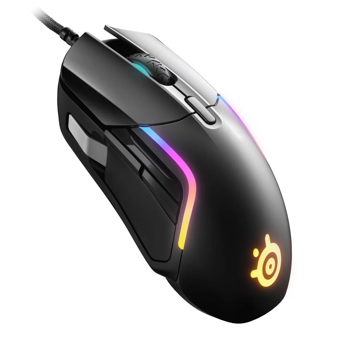 Black wired gaming mouse with RGB lighting and textured scroll wheel on white background
