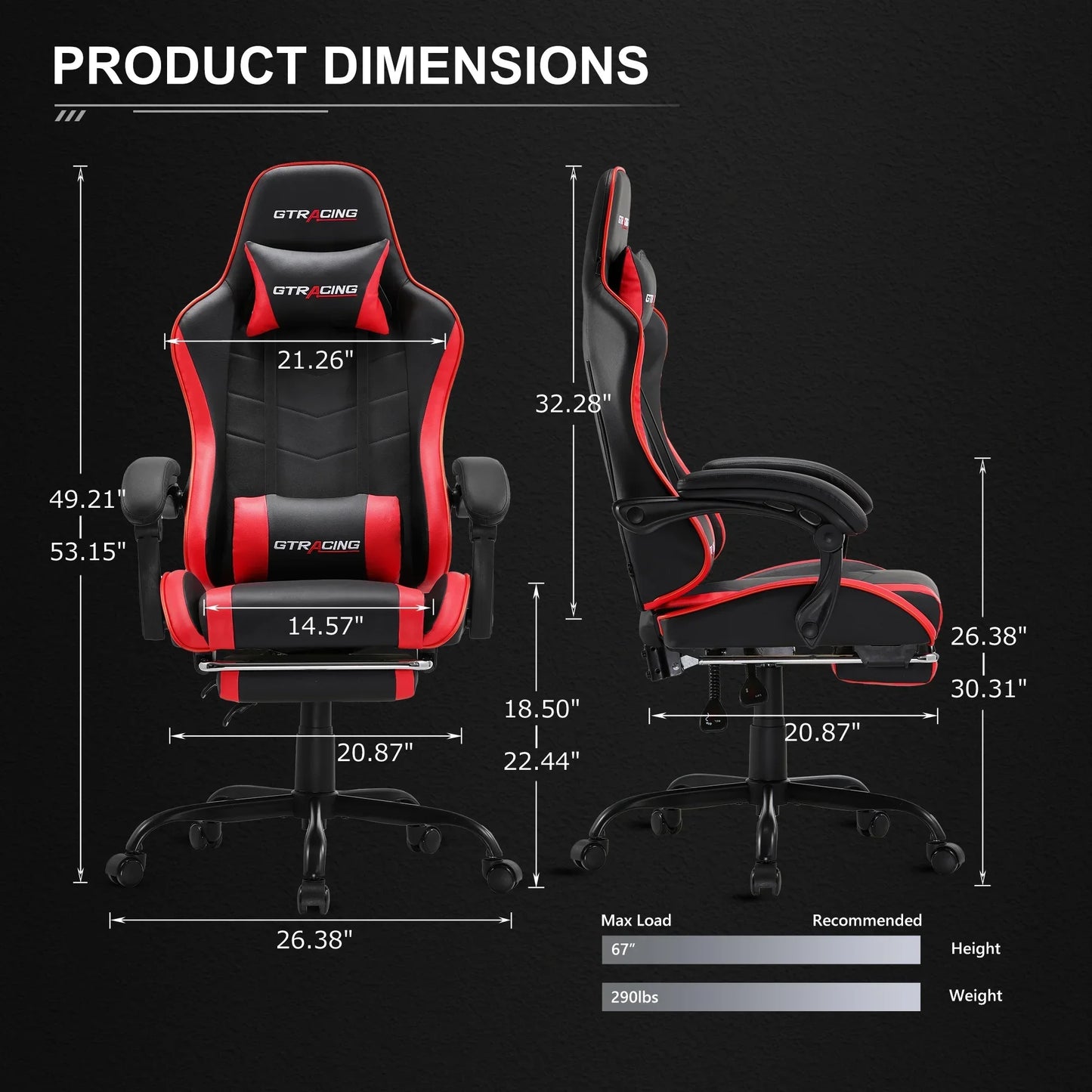 Red and black GTRACING gaming chair with detailed product dimensions and max load specs