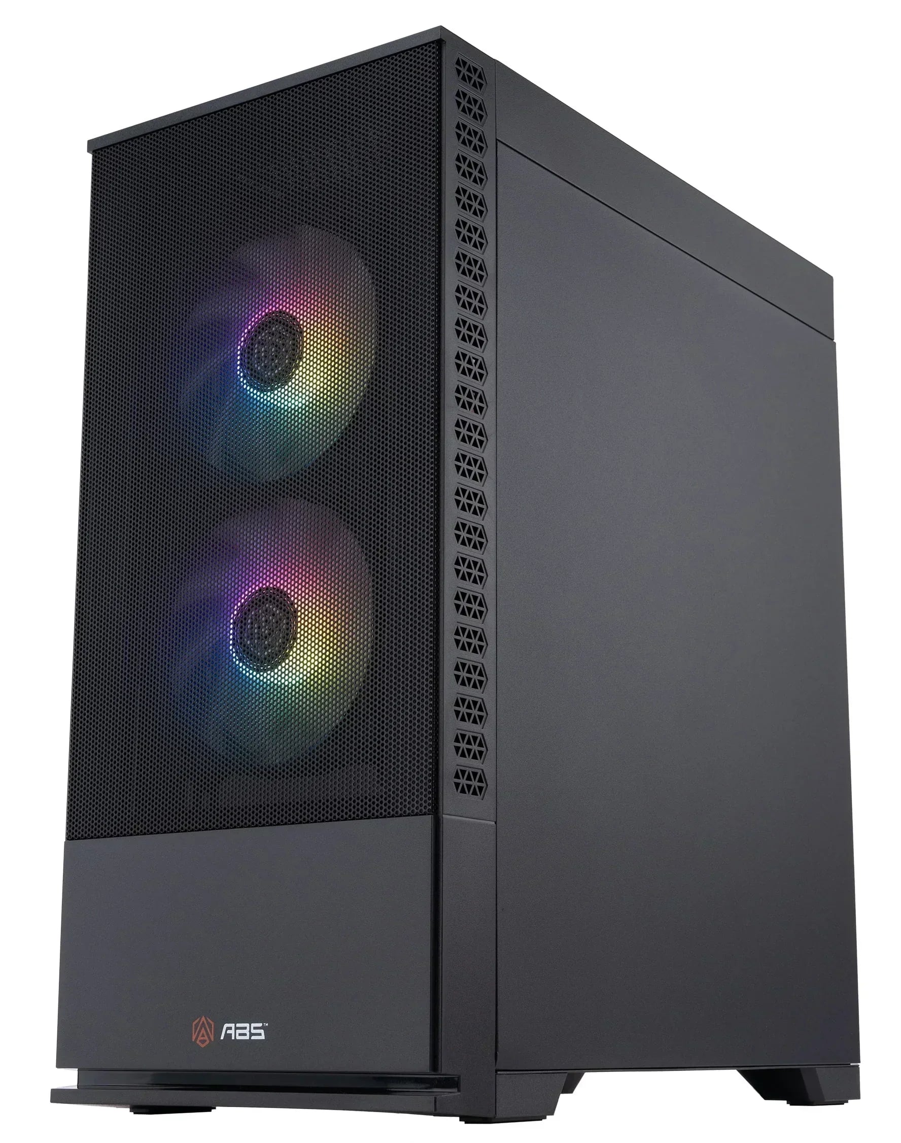 Black gaming PC tower with RGB cooling fans and mesh front panel