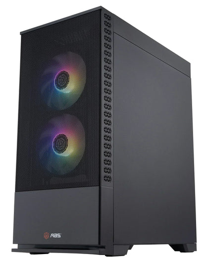 Black gaming PC tower with RGB cooling fans and mesh front panel