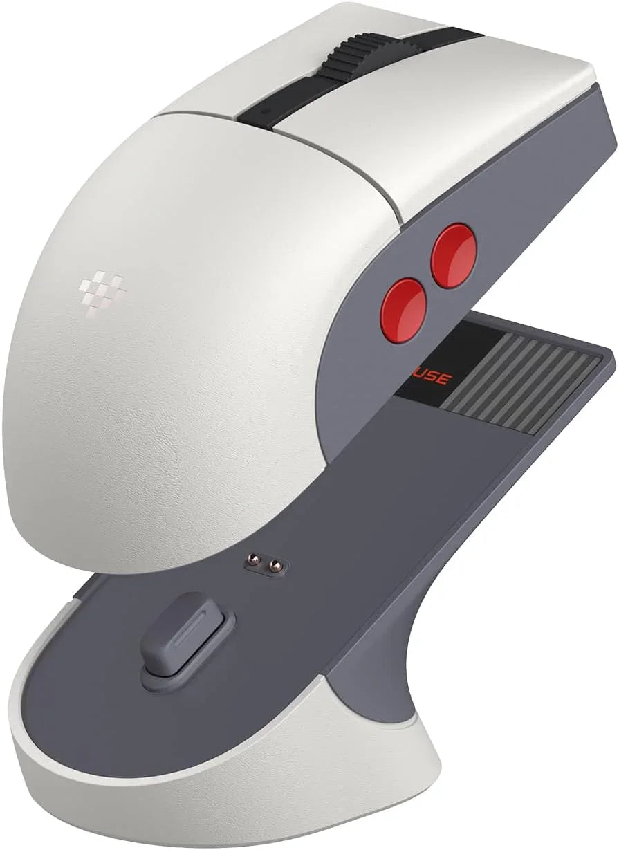 Retro-inspired ergonomic gaming mouse with red buttons and grey accents