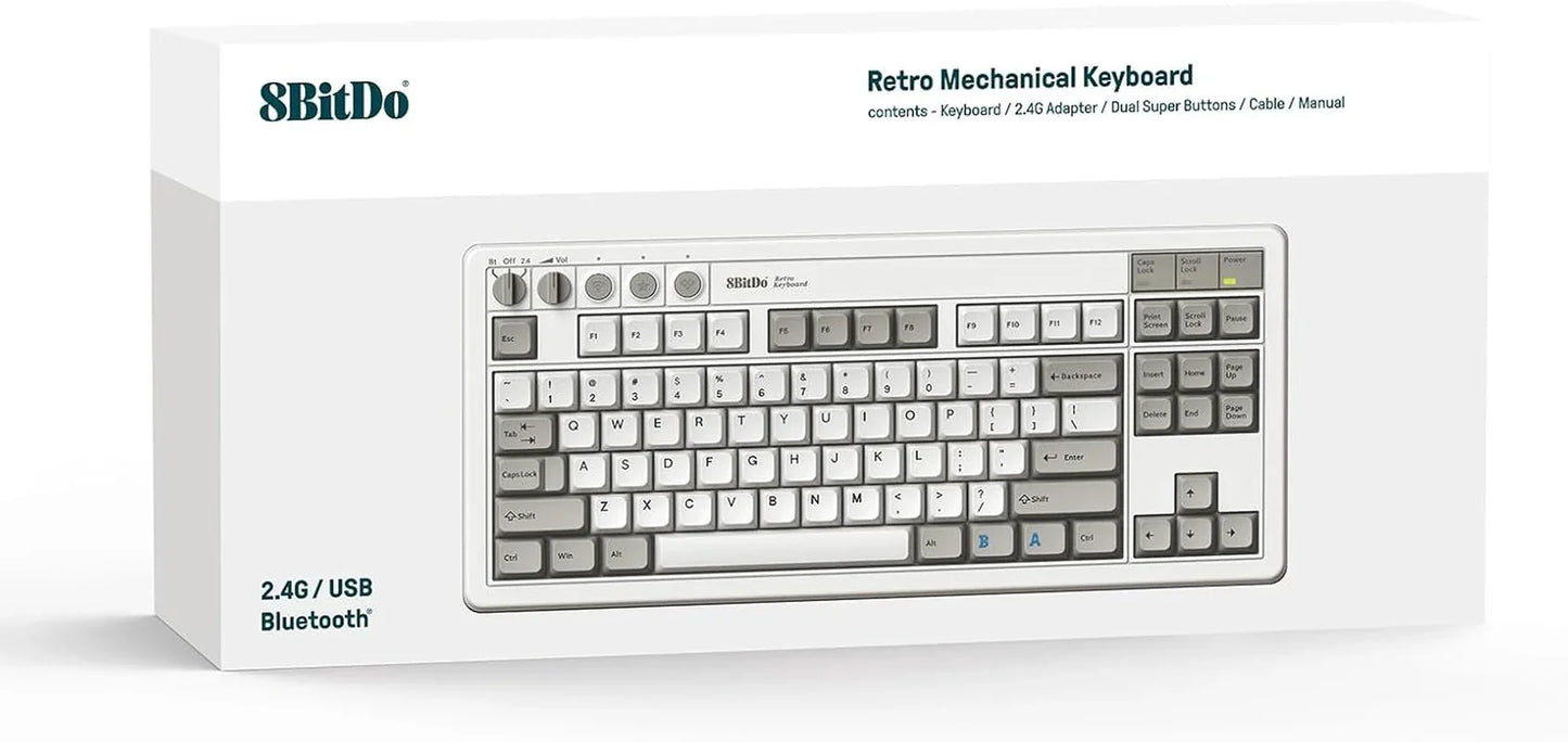 8BitDo retro mechanical keyboard box with wireless Bluetooth USB connectivity