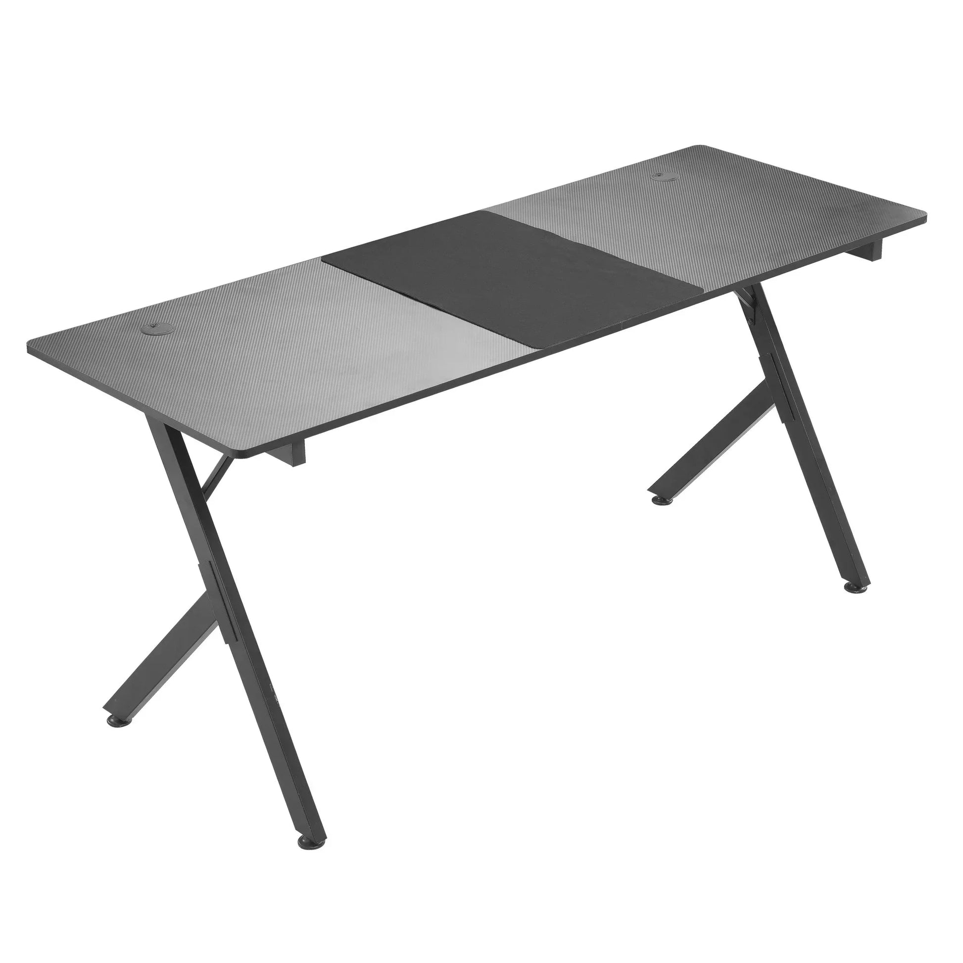 Modern black gaming desk with carbon fiber texture and sturdy angled legs
