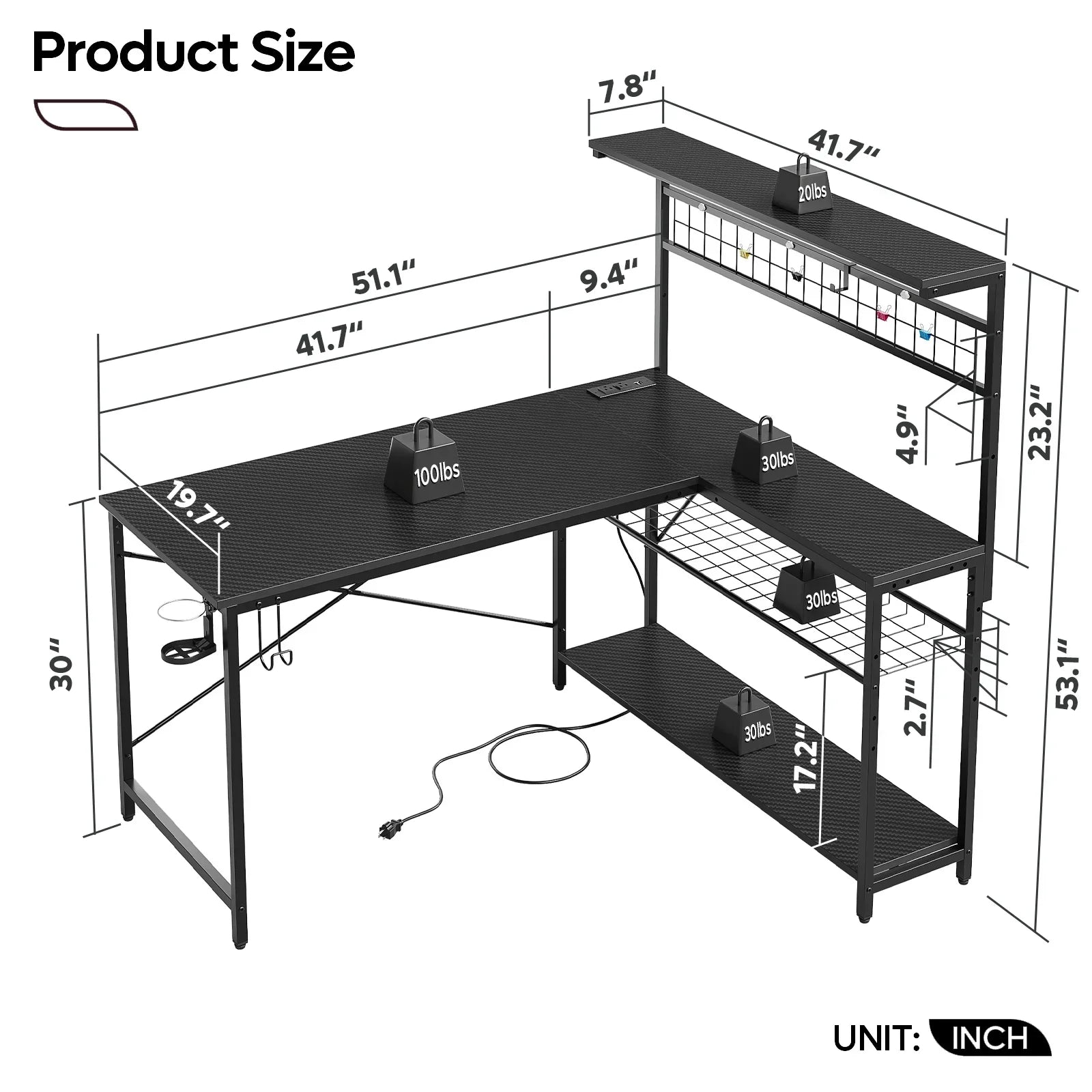 Black L-shaped metal desk with overhead shelf, wire grid panel, and weight capacity labels with inches dimensions