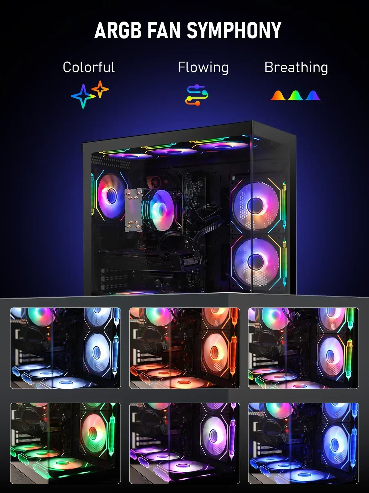 Gaming PC with ARGB fans showing colorful RGB lighting modes, including flowing and breathing effects.