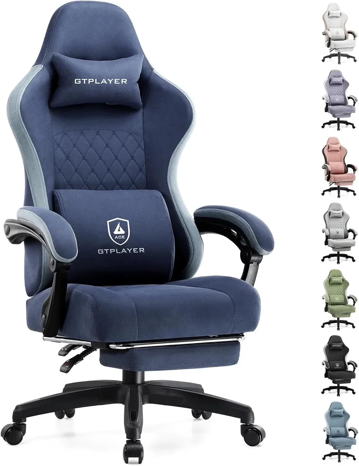 GTPLAYER blue ergonomic gaming chair with lumbar and neck support, padded armrests, and caster wheels