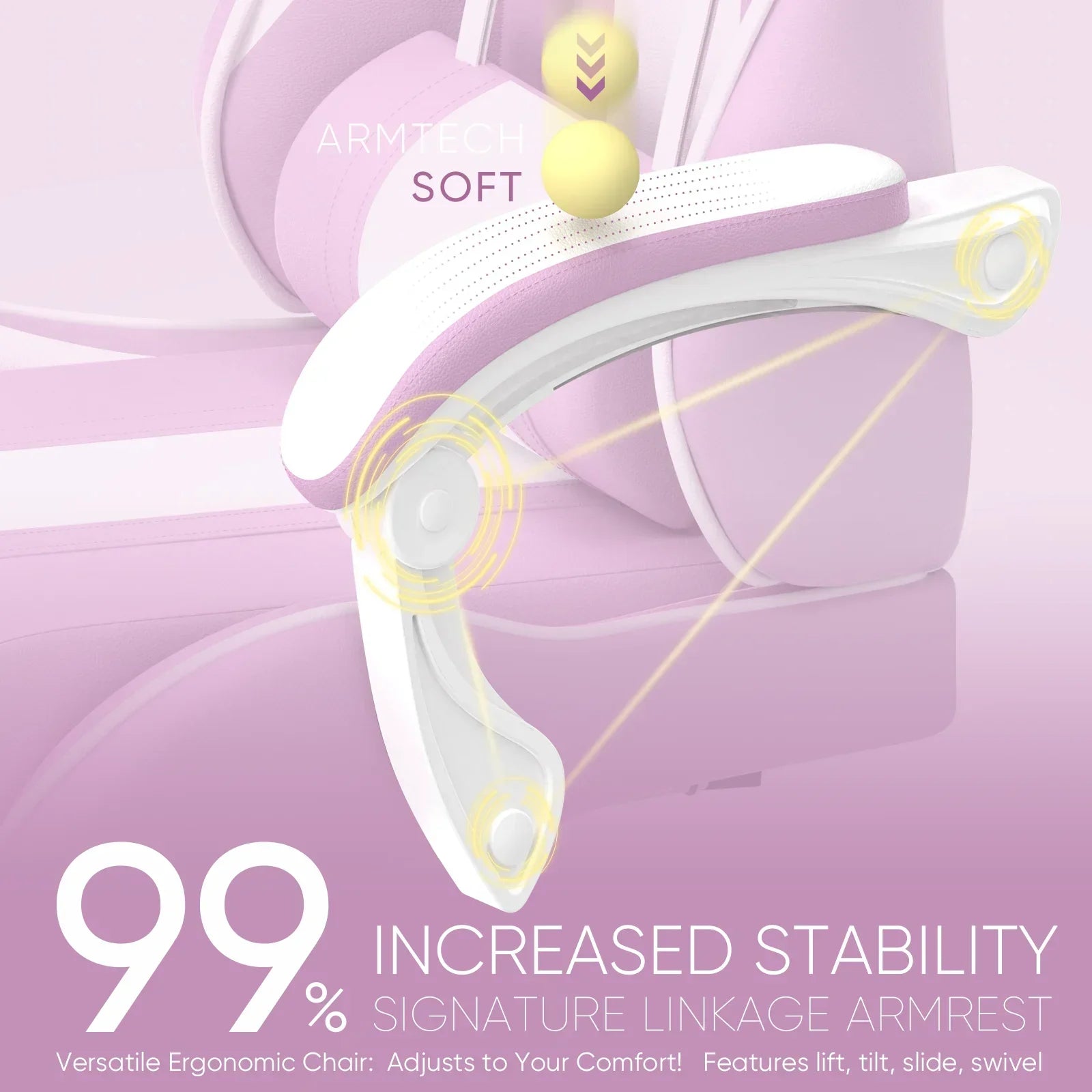 Close-up of Byte Style ergonomic gaming chair armrest with soft padded linkage armrest in pastel purple and white