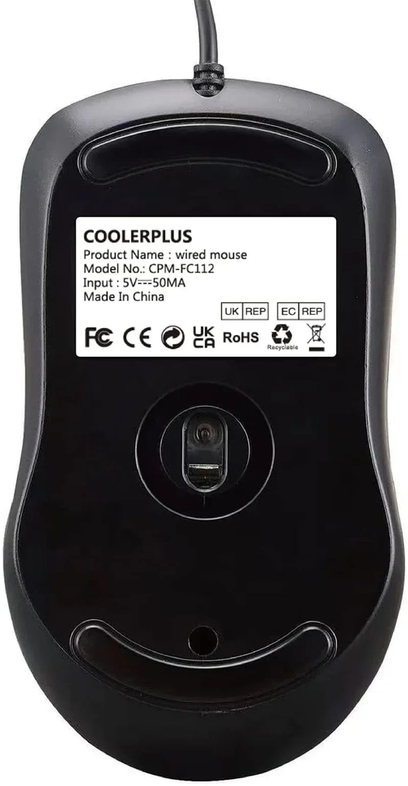 Bottom view of black COOLERPLUS wired gaming mouse with product label and optical sensor
