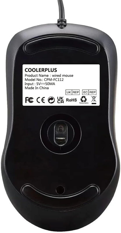 Bottom view of black COOLERPLUS wired gaming mouse with product label and optical sensor