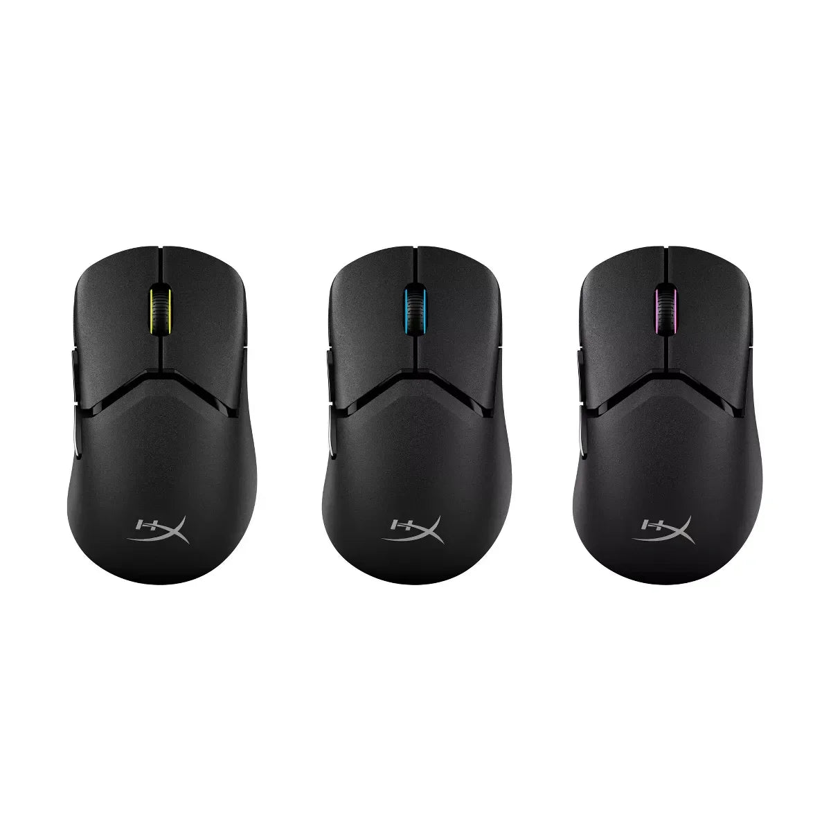 Three black HyperX gaming mice with yellow, blue, and pink scroll wheel lighting on white background
