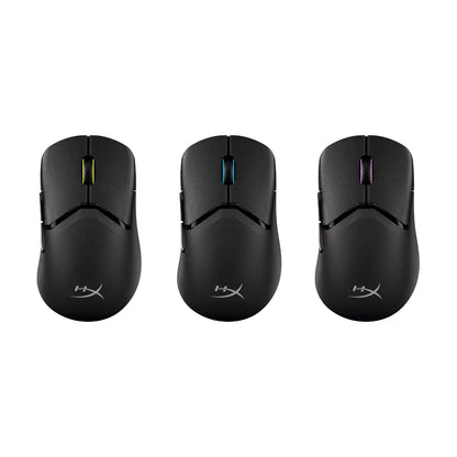 Three black HyperX gaming mice with yellow, blue, and pink scroll wheel lighting on white background