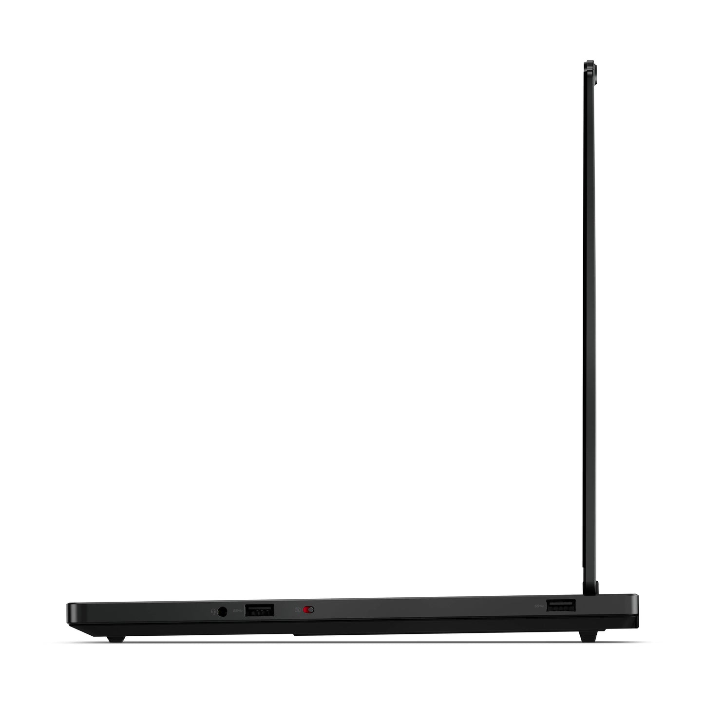 Slim black gaming laptop side view, open at 90 degrees, showing USB and audio ports